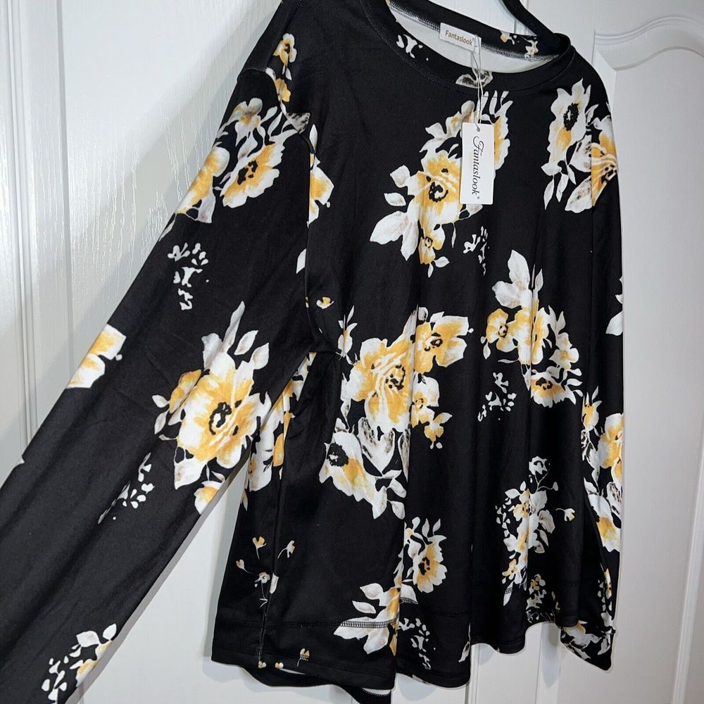 Fantaslook Floral Print Black Yellow White Long Sleeve Top Size Large Warm Soft - Picture 3 of 9